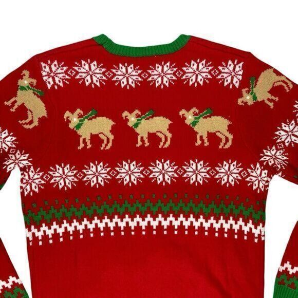 JOLLY SWEATERS Goat drinking Beer Ugly Christmas Sweater Holiday Unisex L Red - Picture 8 of 15